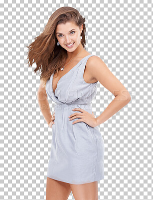 Buy stock photo Portrait, fashion or woman with smile, stylish or hands on hips on mockup. Face, happy female or confident lady with casual outfit, beauty or happiness isolated on a transparent png background