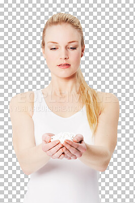 Many pills, hands and woman for infertility, women healthcare and drugs. Pharmaceutical medicine of person or model palm, hand holding in studio for clinic or pharmacy isolated on a png background