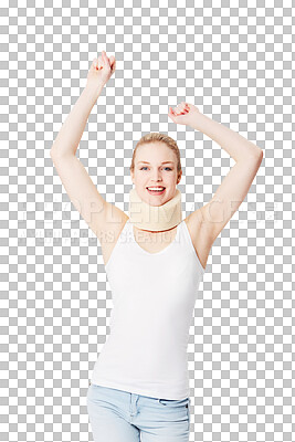 Happy, neck brace and portrait of a woman with freedom. Smile, excited and girl with arms up for accident insurance, healthcare and medical attention with whiplash isolated on a png background
