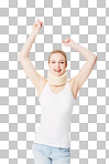 Happy, neck brace and portrait of a woman with freedom. Smile, excited and girl with arms up for accident insurance, healthcare and medical attention with whiplash isolated on a png background