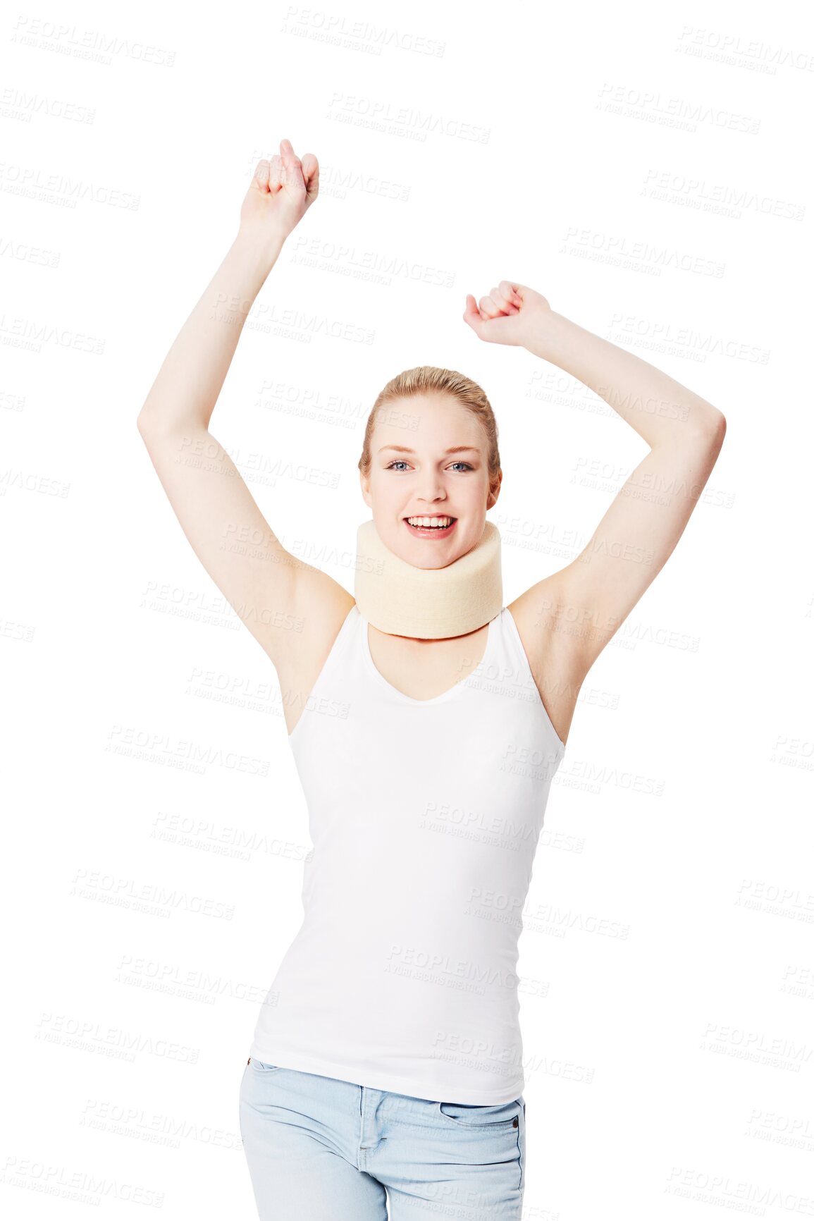 Buy stock photo Happy, neck brace and portrait of woman with freedom, smile and excited with arms up for accident insurance. Healthcare or medical attention and whiplash isolated on a transparent png background