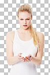 Confused, shocked and woman holding pills in her hands or overdose. Medicine, capsules and annoyed female with tablets due to mental health issues isolated on a png background