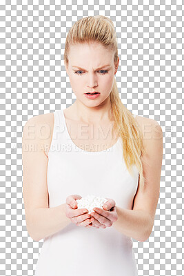 Buy stock photo Confused, mental health and woman holding pills in her hands for overdose isolated in a transparent background. Medicine, capsules and unhappy female with tablets due to depression on a png backdrop