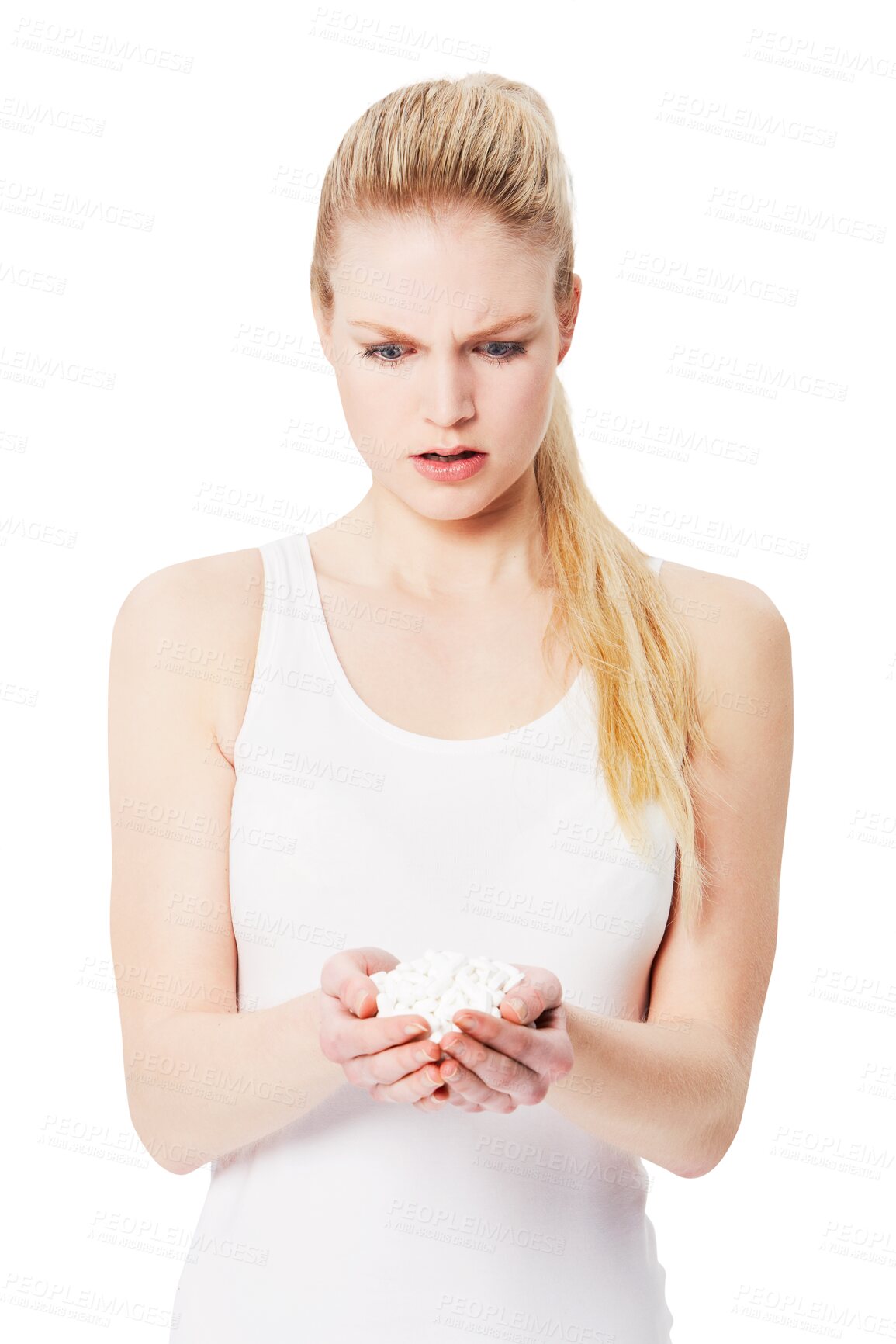 Buy stock photo Confused, mental health and woman holding pills in her hands for overdose isolated in a transparent background. Medicine, capsules and unhappy female with tablets due to depression on a png backdrop