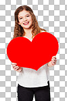 Red heart, love and portrait of girl in studio for peace, self love and affection. Shape, emoji and face of teenager holding cardboard sign, loving and gesture with mockup isolated on a png background