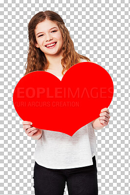 Buy stock photo Red heart, portrait and girl in a studio with a cardboard poster with mockup space for advertising. Happy, smile and female teenager model with a love emoji with mock up isolated by a png background.