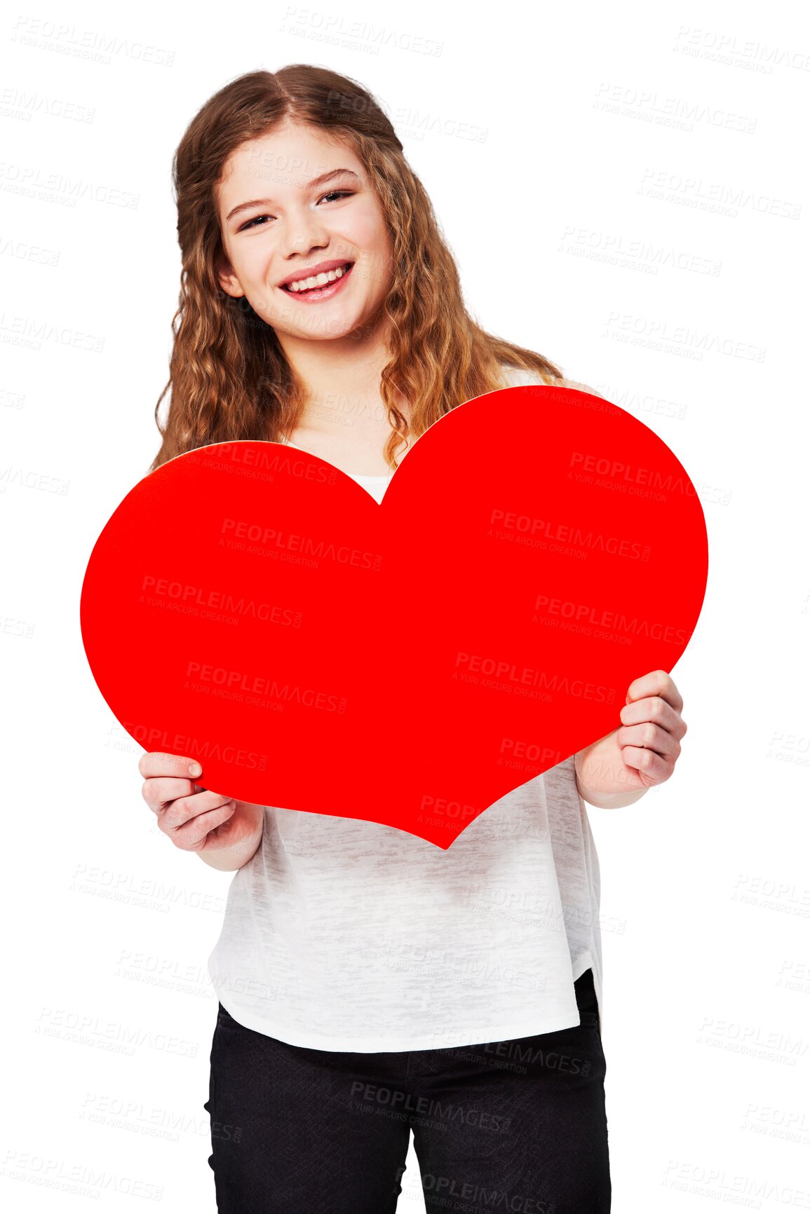 Buy stock photo Red heart, portrait and girl in a studio with a cardboard poster with mockup space for advertising. Happy, smile and female teenager model with a love emoji with mock up isolated by a png background.