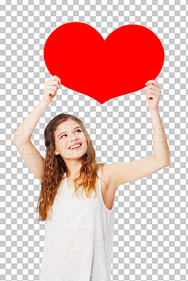 Love, showing and girl with a cardboard heart. Smile, care and happy woman holding a paper shape for romance, attraction and valentines day on a backdrop isolated on a png background