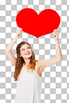 Love, showing and girl with a cardboard heart. Smile, care and happy woman holding a paper shape for romance, attraction and valentines day on a backdrop isolated on a png background