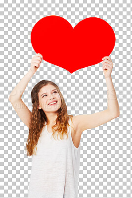 Buy stock photo Red heart, happy and teenager in a studio with a cardboard poster with mockup space for advertising. Happiness, smile and girl model holding a love emoji with mock up isolated by a png background.