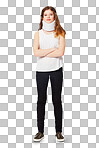 Portrait, woman and neck brace for healthcare, injury and girl. Face, female arms crossed and lady with medical collar, confident and accident with strain and pain isolated on a png background