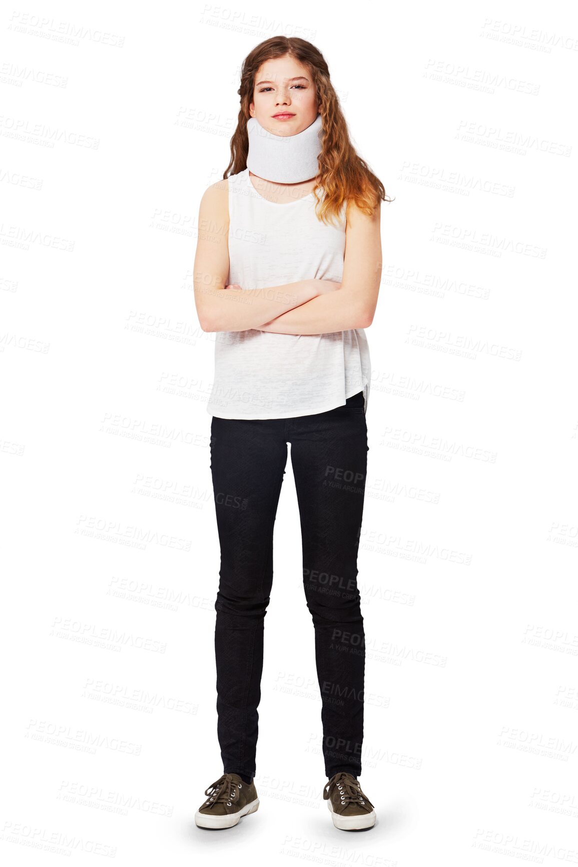 Buy stock photo Injury, neck brace and portrait of woman on png background for medical, pain and emergency. Accident, collar and arms crossed with female isolated on transparent for strain, rehabilitation and ache