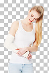 Injury, pain and woman with a broken arm after an accident. Hurt, handicap and girl holding an injured and bandaged limb for an emergency in a brace on a backdrop isolated on a png background