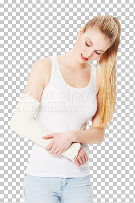 Buy stock photo Woman with arm injury, cast and broken with accident or medical emergency isolated on transparent or png background. Health, young female in pain with insurance, anatomy and injured elbow or wrist