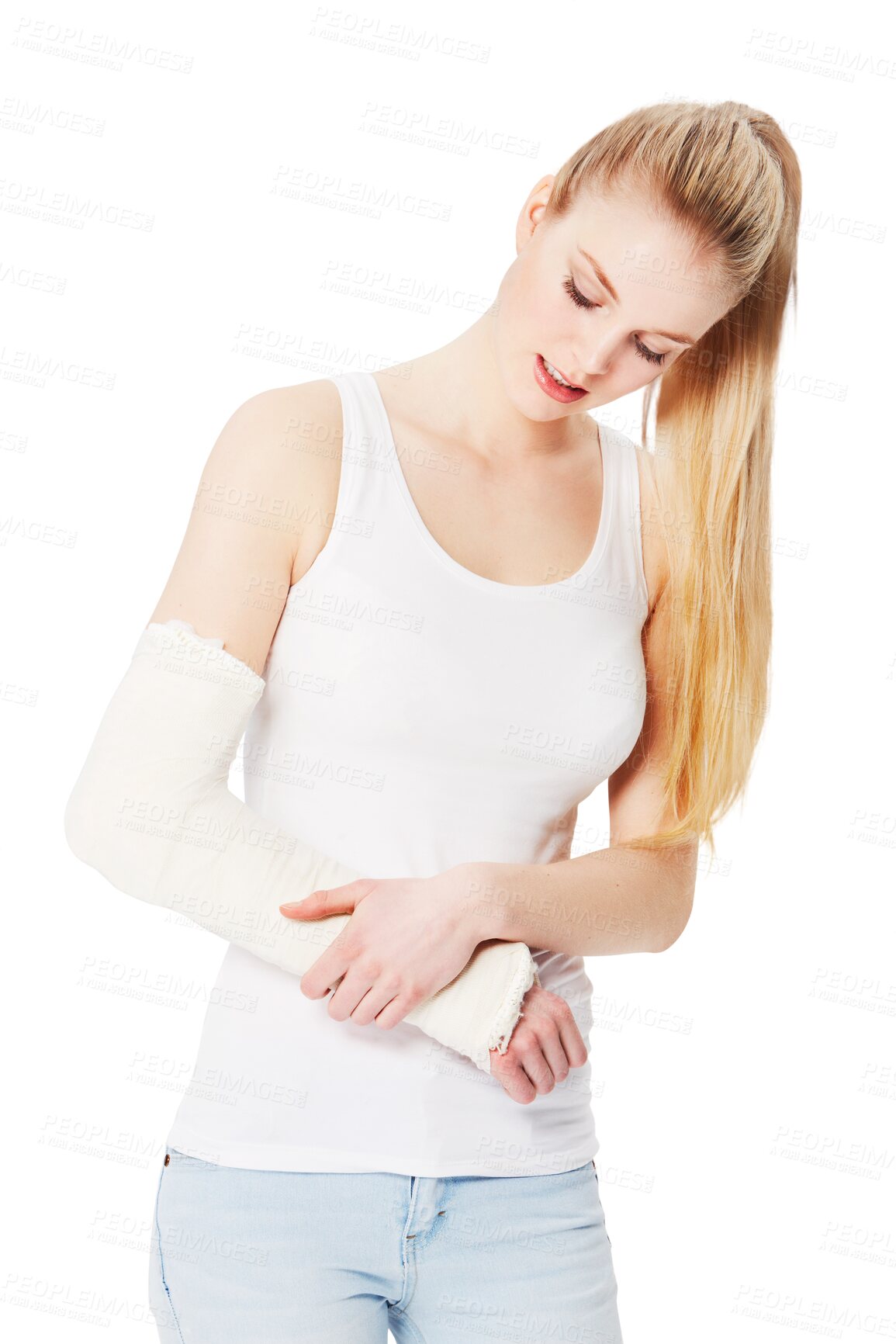 Buy stock photo Woman with arm injury, cast and broken with accident or medical emergency isolated on transparent or png background. Health, young female in pain with insurance, anatomy and injured elbow or wrist