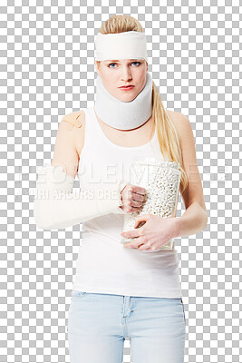 Portrait, insurance and pills with an injured woman for medical aid. Healthcare, medical or injury with a female patient in a brace and cast on blank space isolated on a png background