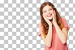 Happy, smile and portrait of woman in studio with mockup space for advertising or marketing. Happiness, surprise and female model from Australia with omg face expression isolated on a png background