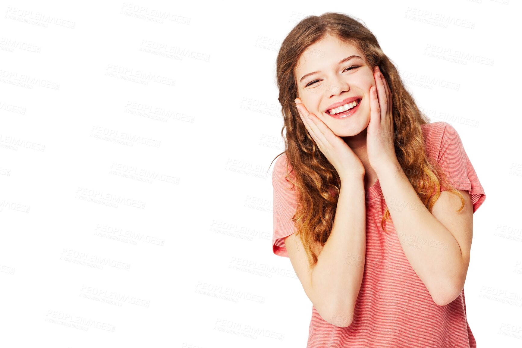 Buy stock photo Happy, smile and portrait of a woman person with youth and space for advertising or marketing. Happiness, surprise and female model with mock up with omg face isolated on transparent, png background