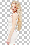 Beauty, fashion and portrait of woman in white dress with makeup on face, cosmetics. Sensual, desire and beautiful model in studio with mockup and space and long hair isolated on a png background