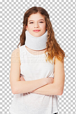 Buy stock photo Arms crossed, neck brace and portrait of woman on png background for medical, pain and emergency. Accident, collar and injury with female isolated on transparent for strain, rehabilitation and ache