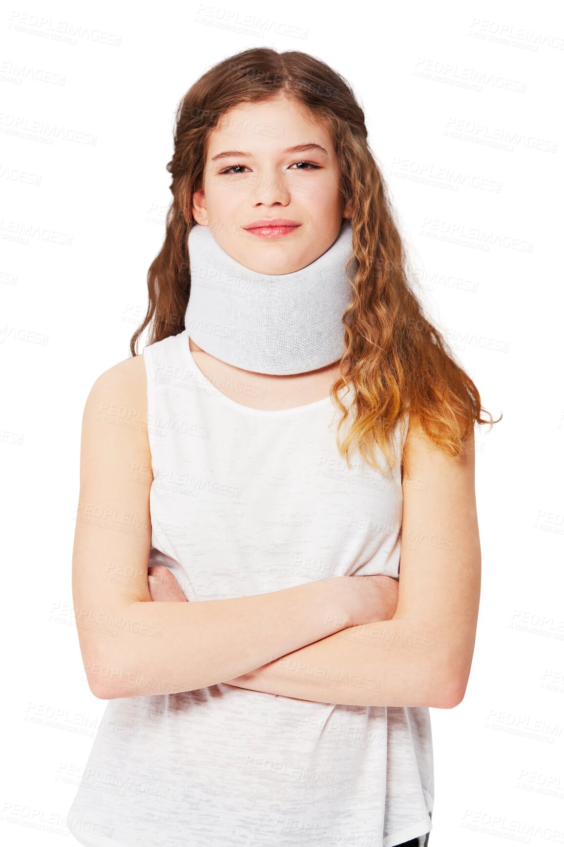 Buy stock photo Arms crossed, neck brace and portrait of woman on png background for medical, pain and emergency. Accident, collar and injury with female isolated on transparent for strain, rehabilitation and ache