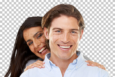 Buy stock photo Happy, love and portrait of couple hug with smile on isolated, png and transparent background. Relationship, dating and face of man and woman hugging, embrace and together for valentines day romance