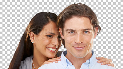 Buy stock photo Love, happy and portrait of man and woman with smile on isolated, png and transparent background. Relationship, marriage and couple hugging, embrace and bonding together for valentines day romance