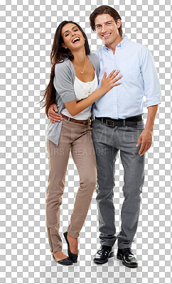 Buy stock photo Laugh, love and portrait of couple hug with smile on isolated, png and transparent background. Relationship, marriage and happy man and woman hugging, embrace and together for valentines day romance