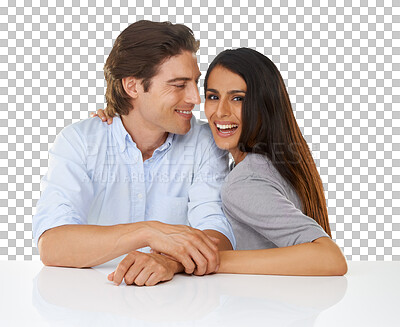 Buy stock photo Portrait, love and couple smile together holding hands feeling happy with trust. Happiness, loving and man with woman romance with marriage partner and isolated on a transparent png background