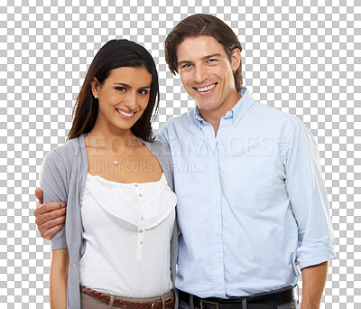 Buy stock photo Happy, love and portrait of couple with smile on isolated, png and transparent background. Relationship, marriage and face of man and woman smile for support, commitment and power for romantic date