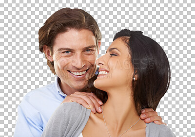 Buy stock photo Happy, love and portrait of couple hug with smile on isolated, png and transparent background. Relationship, dating and face of man and woman hugging, support and together for valentines day romance