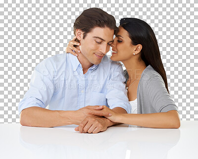 Buy stock photo Marriage, love and couple smile together holding hands feeling happy. Happiness, loving and young man dating with woman romance with partner trust and isolated on a transparent, png background