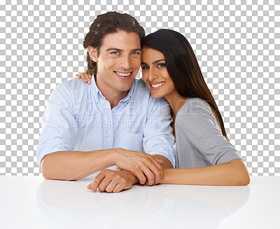 Buy stock photo Happy, love and portrait of couple with smile sitting at table in isolated, png and transparent background. Relationship, marriage and face of man and woman hug and bonding for valentines day romance