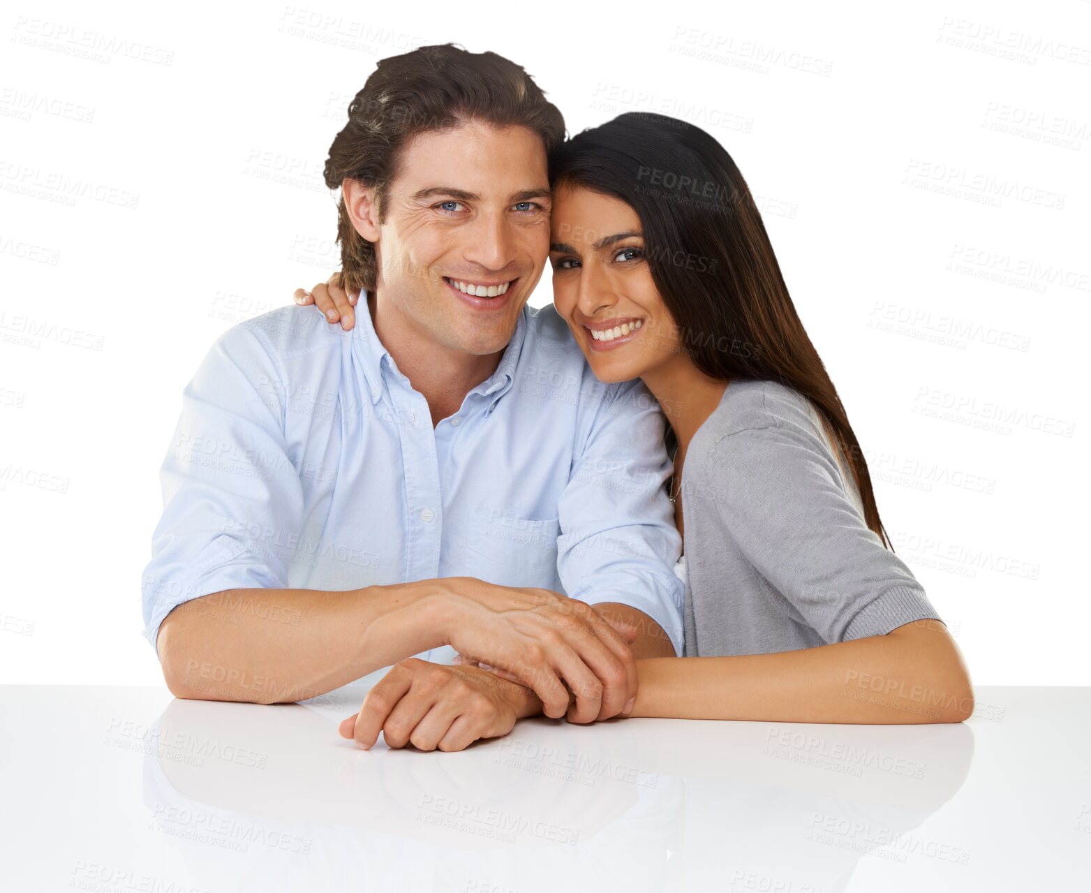 Buy stock photo Happy, love and portrait of couple with smile sitting at table in isolated, png and transparent background. Relationship, marriage and face of man and woman hug and bonding for valentines day romance