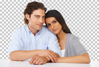 Buy stock photo Romance, love and portrait of couple holding hands on isolated, png and transparent background. Relationship, marriage and face of man and woman support, trust and bonding for care and partnership