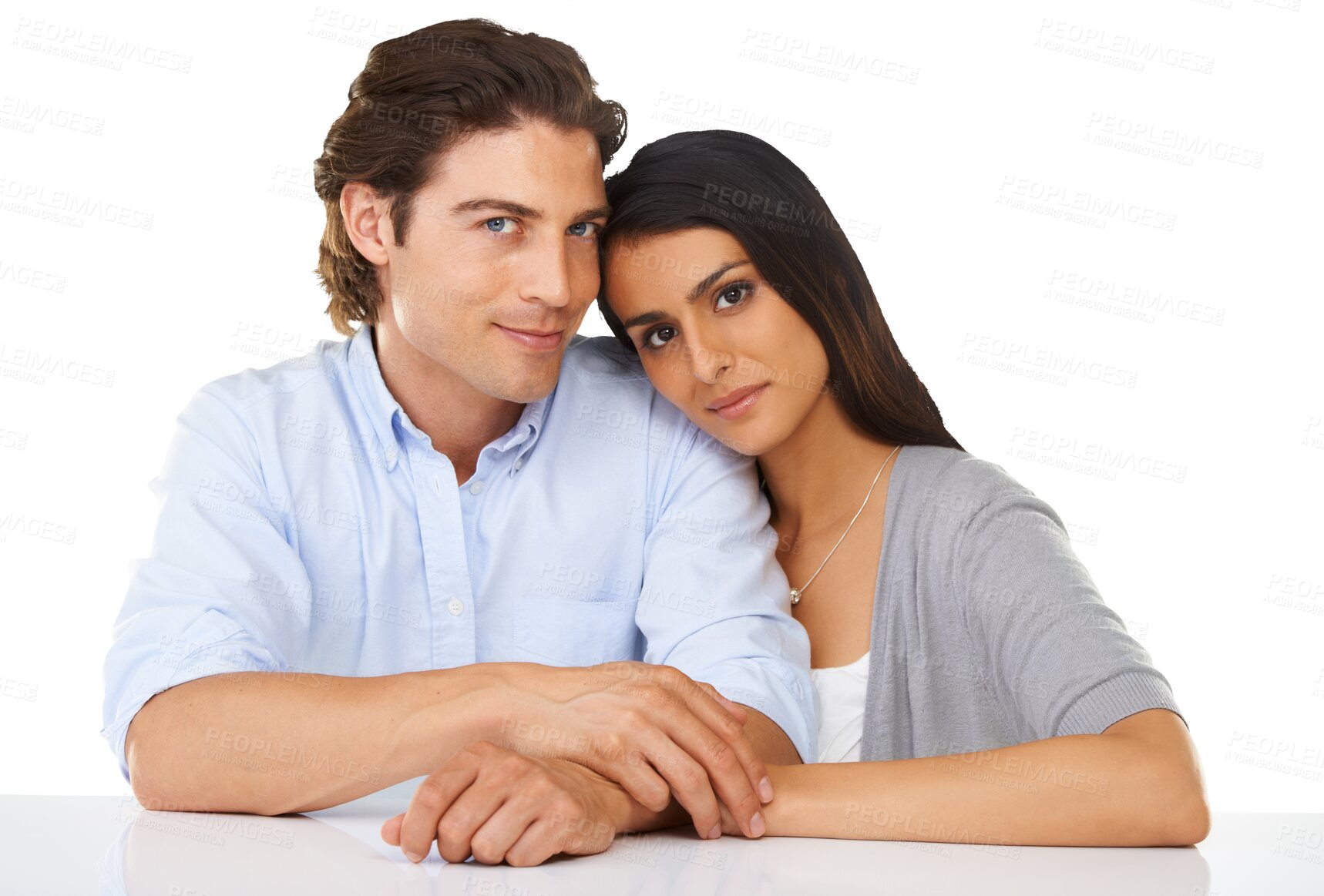 Buy stock photo Romance, love and portrait of couple holding hands on isolated, png and transparent background. Relationship, marriage and face of man and woman support, trust and bonding for care and partnership