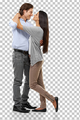 Buy stock photo Dance, love and couple smile together feeling happy with relationship and dating. Happiness, dancing and man with woman romance or marriage partner on isolated, transparent and png background