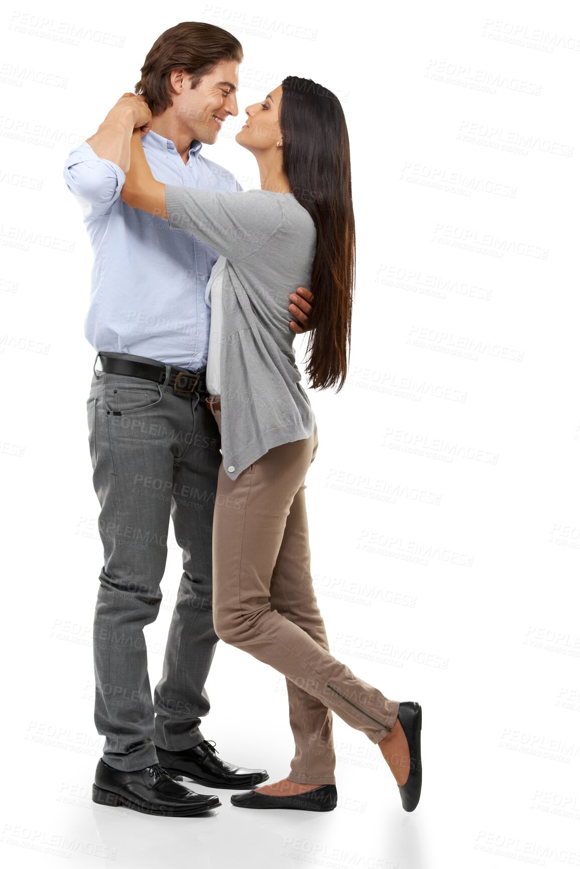 Buy stock photo Dance, love and couple smile together feeling happy with relationship and dating. Happiness, dancing and man with woman romance or marriage partner on isolated, transparent and png background