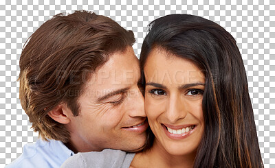 Hug, portrait and love by couple in studio, happy and relax while bonding. Interracial, romance and face of man hugging woman for valentines day, embrace and relationship isolated on a png background