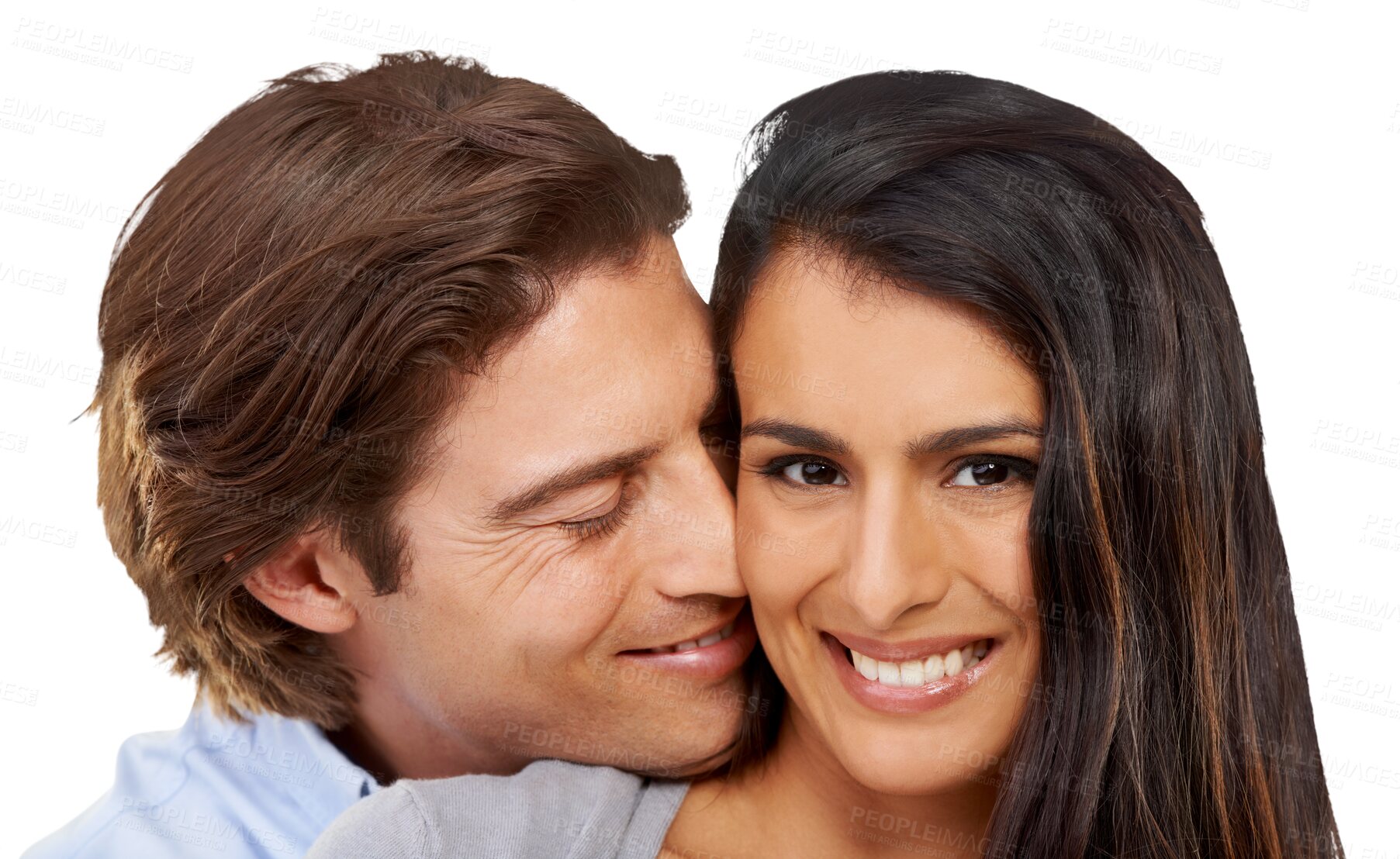 Buy stock photo Happy, love and portrait of woman and man with smile on isolated, png and transparent background. Relationship, marriage and face of couple hugging, embrace and together for valentines day romance