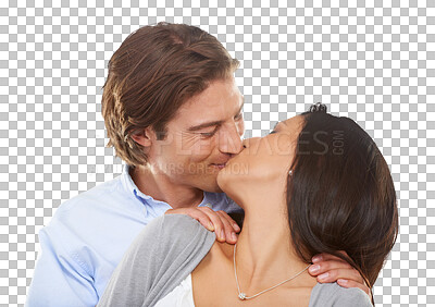 Buy stock photo Happy, love and couple kiss for romance, bonding and intimacy on isolated, png and transparent background. Relationship, marriage and man and woman kissing, embrace and together for valentines day