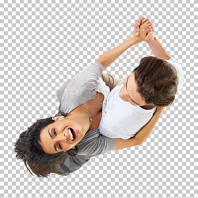 Love, smile and dance, couple from above, holding hands and celebrate romance isolated on a png background. Romantic dancing, top view and happy valentines day celebration for man and woman in studio