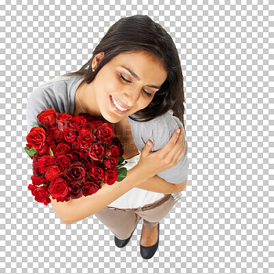 Buy stock photo Above, hug and woman with rose in studio for love, romance and valentines day on isolated transparent png background. Happy, smile and bouquet for indian girl embrace floral, gesture or gift isolated