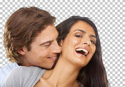 Buy stock photo Happy, romance and portrait of playful couple with smile on isolated, png and transparent background. Relationship, marriage and face of man and woman hugging, embrace and intimate for valentines day