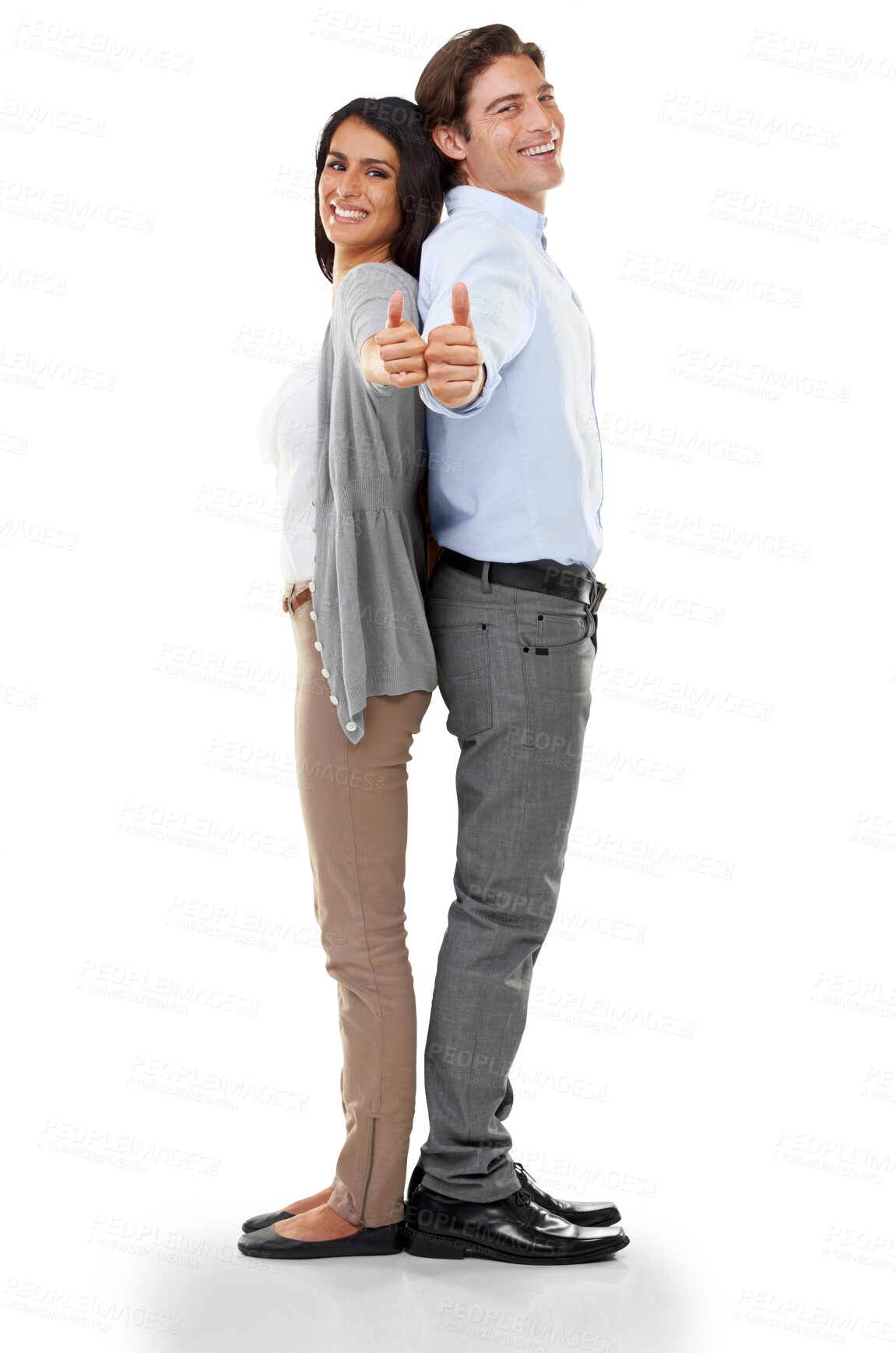 Buy stock photo Thumbs up, portrait and happy couple in a studio with success, emoji and agreement. Face, smile and excited man with woman showing hand, yes and agree gesture isolated on transparent png background