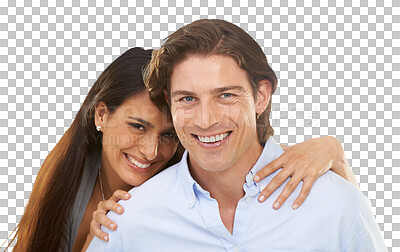 Buy stock photo Love, smile and portrait of happy couple hug on isolated, png and transparent background. Relationship, marriage and face of man and woman hugging, embrace and together for valentines day romance