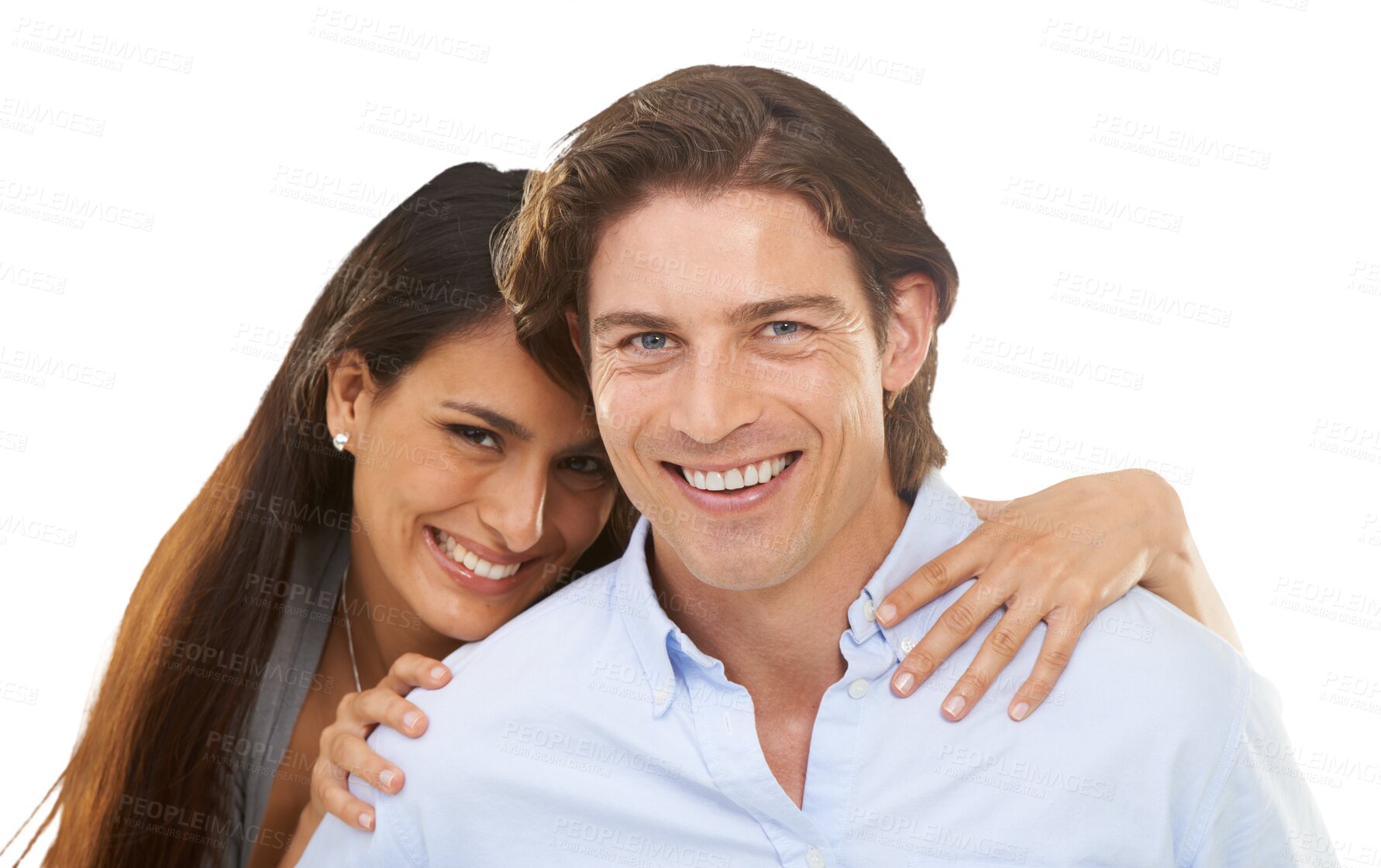 Buy stock photo Love, smile and portrait of happy couple hug on isolated, png and transparent background. Relationship, marriage and face of man and woman hugging, embrace and together for valentines day romance