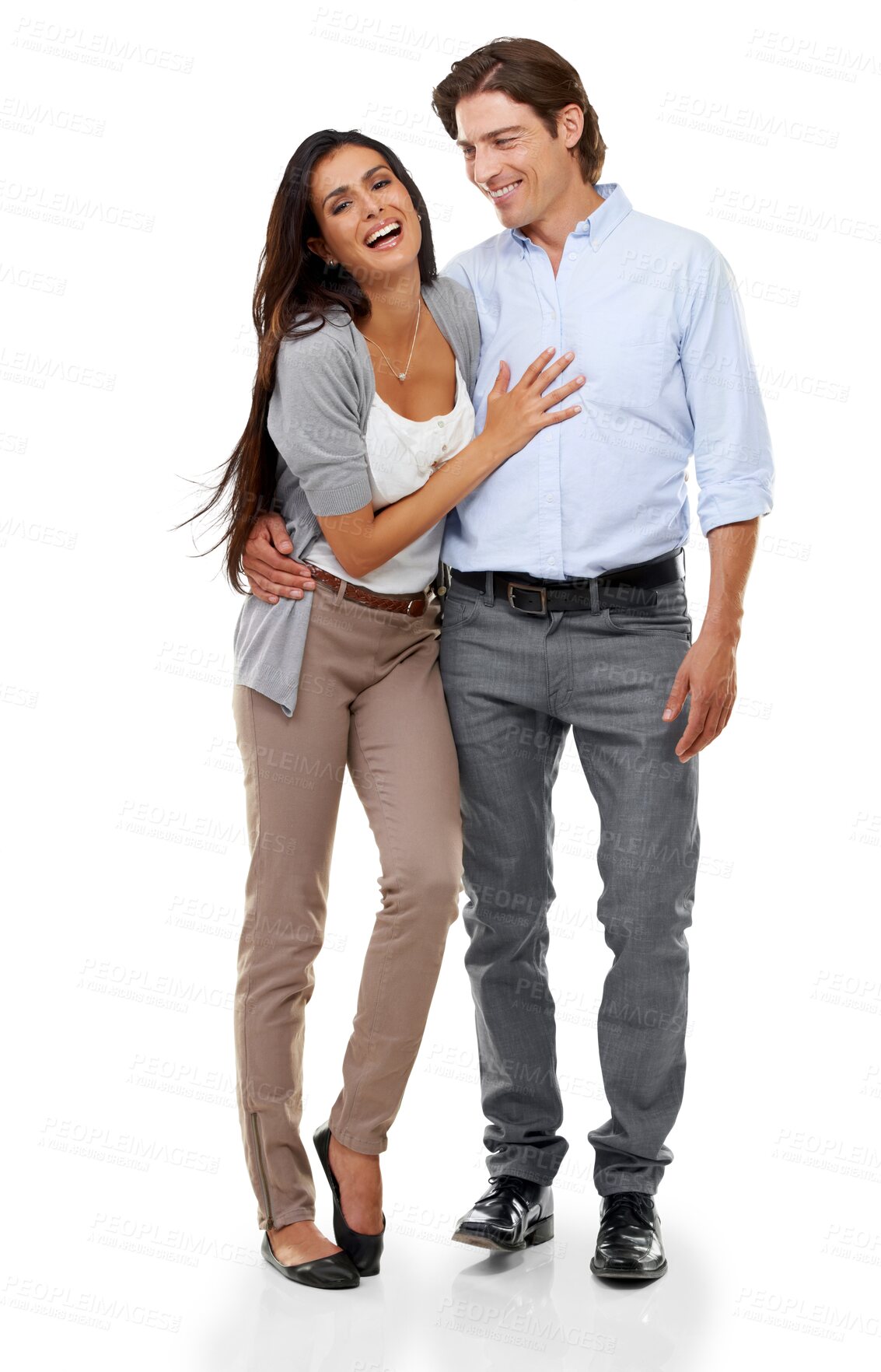 Buy stock photo Hug, love and portrait of couple laugh together on isolated, png and transparent background. Relationship, marriage and happy man and woman hugging, embrace and bonding for valentines day romance