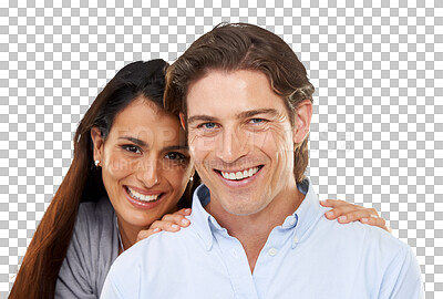 Buy stock photo Couple, love and portrait of man and woman on isolated, png and transparent background. Relationship, marriage and face of happy people hugging, embrace and bonding for commitment, care and support