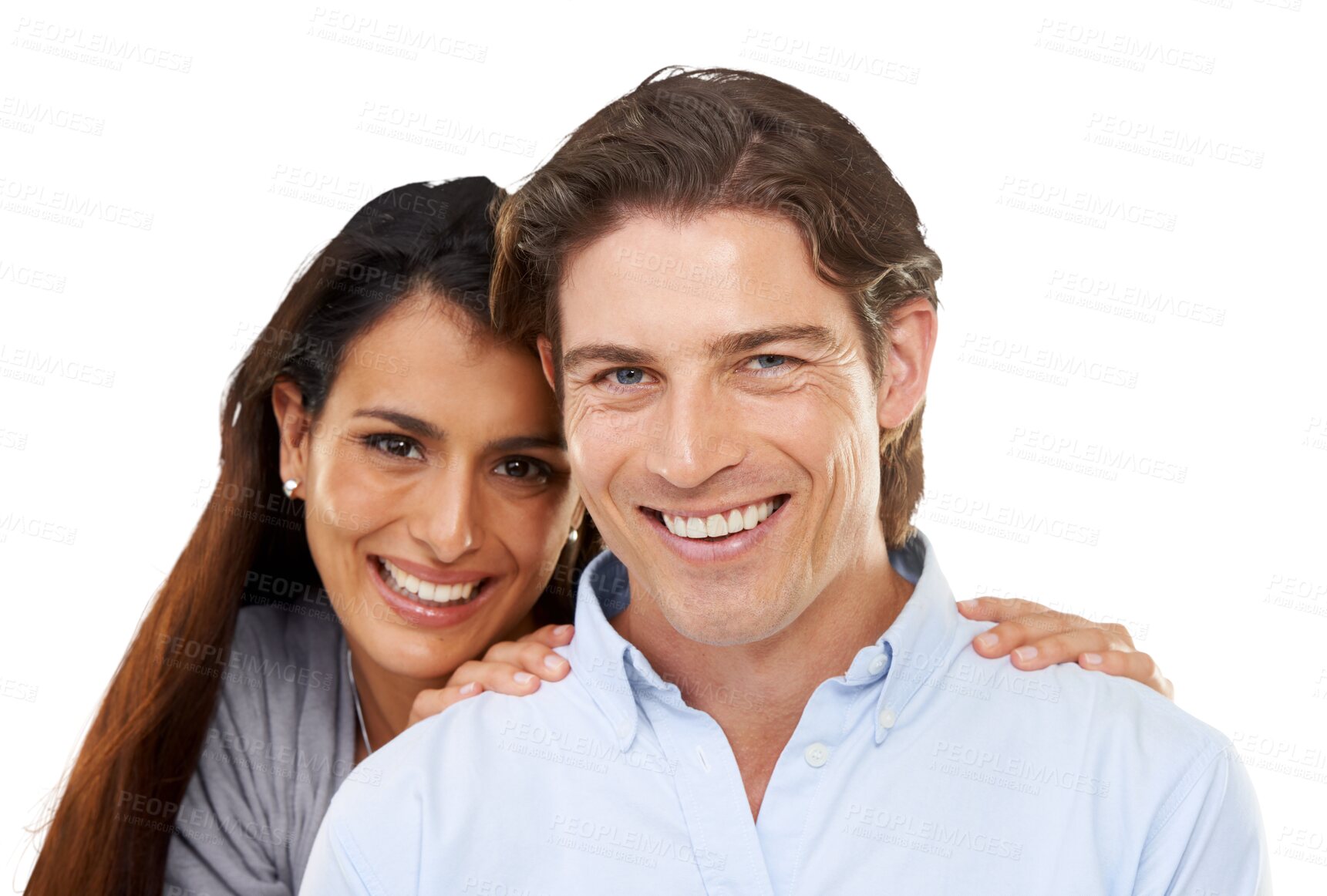 Buy stock photo Couple, love and portrait of man and woman on isolated, png and transparent background. Relationship, marriage and face of happy people hugging, embrace and bonding for commitment, care and support